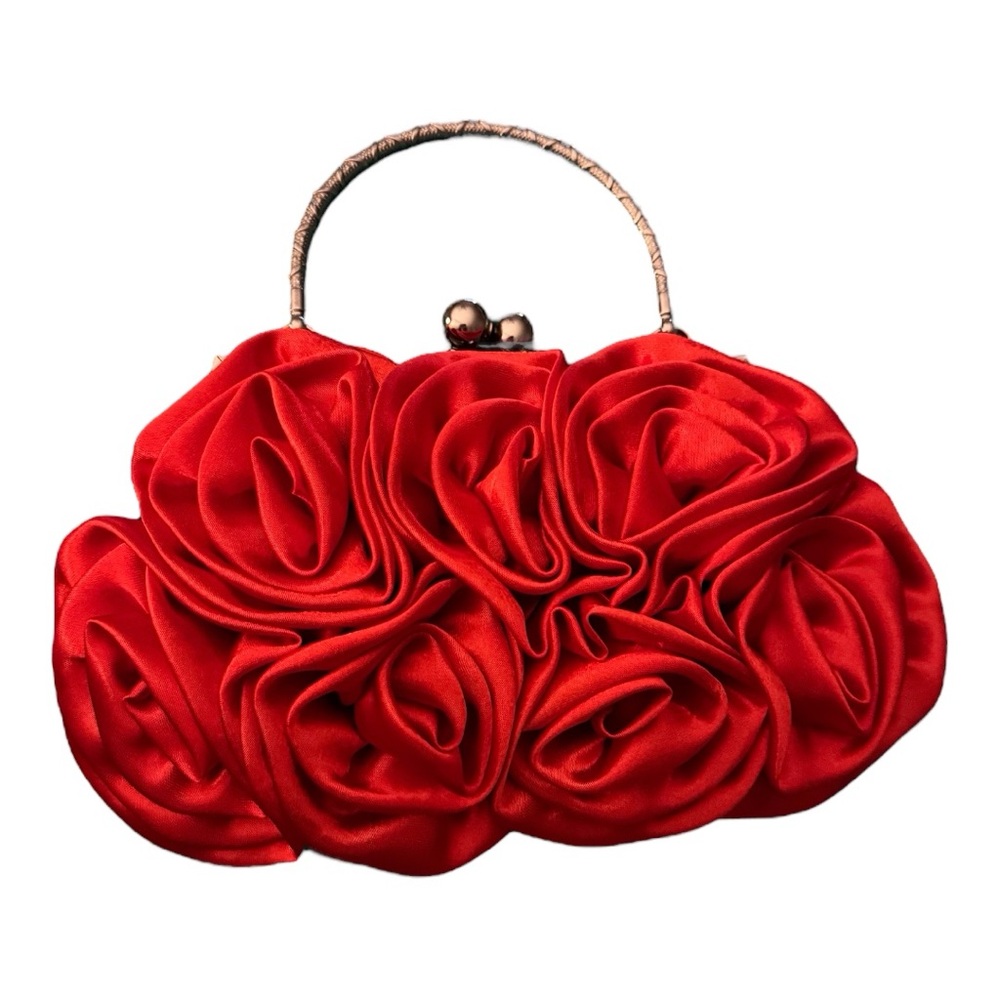 Women's Evening Rosette Floral Satin Small Kiss Lock Purse detachable chain